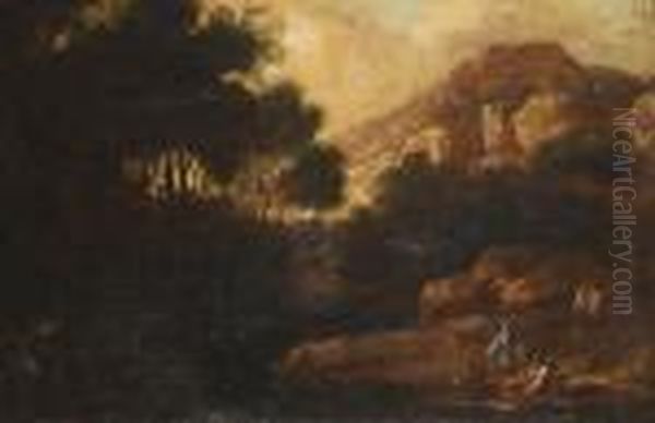 Travellers In Anextensive Rocky Landscape Oil Painting by Salvator Rosa