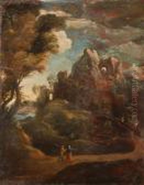 Travellers In Arocky Landscape Oil Painting by Salvator Rosa