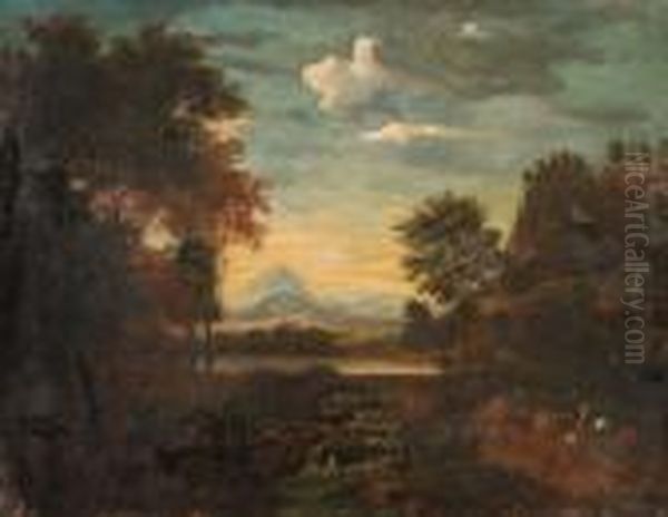 Travellers In Anextensive River Landscape Oil Painting by Salvator Rosa