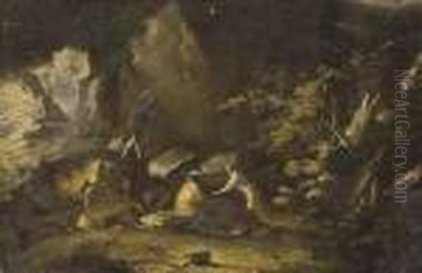 Personnages Pres D'un Ruisseau Oil Painting by Salvator Rosa