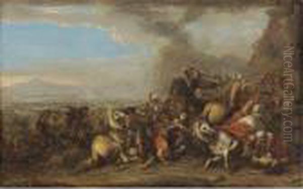 A Cavalry Skirmish In An Extensive Valley Landscape Oil Painting by Salvator Rosa