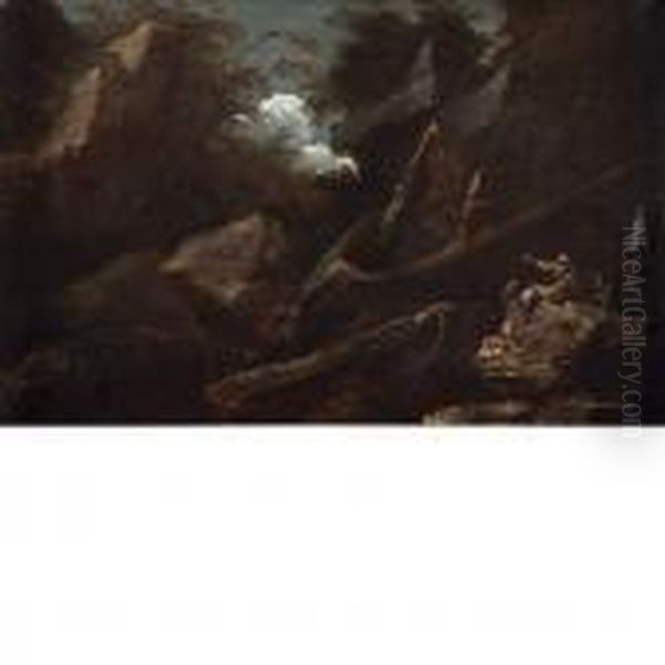 Cavaliers In A Rocky Landscape Oil Painting by Salvator Rosa