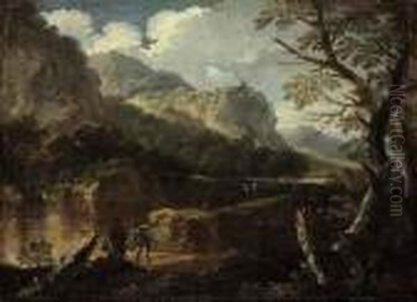 A Rocky River Landscape With Figures And Dogs Oil Painting by Salvator Rosa