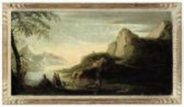 Military Figures In A Classical Landscape Oil Painting by Salvator Rosa