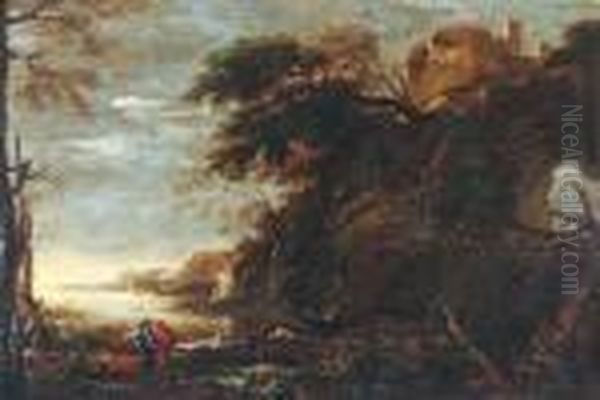 Landschaftmit Felsbogen Und Wanderern Oil Painting by Salvator Rosa