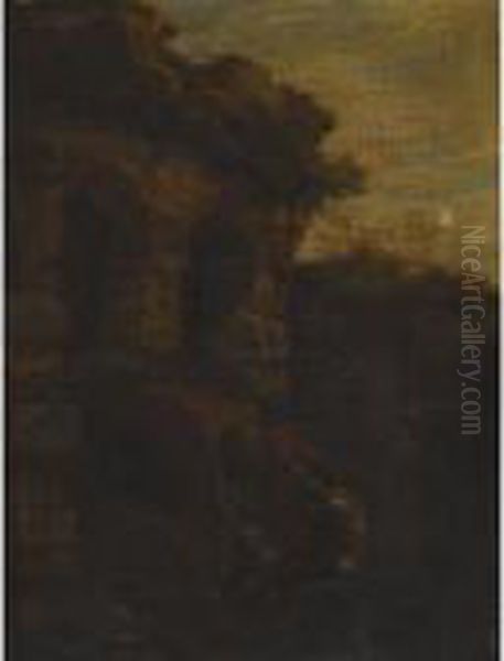 Landscape With Two Shepherds Conversing Beneath A Ruin Oil Painting by Salvator Rosa