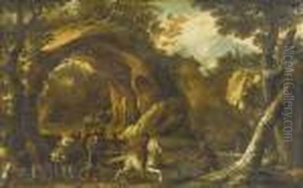 Wooded Landscapewith An Assault On Riders. Oil Painting by Salvator Rosa