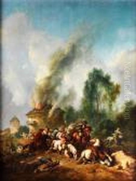 Reiteruberfall Neben Einem Brennendenrundturm Oil Painting by Salvator Rosa