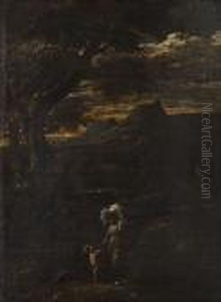 A Wooded Landscape With Mother And Child On A Path Oil Painting by Salvator Rosa