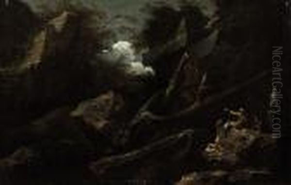 Three Soldiers In A Rocky Landscape Oil Painting by Salvator Rosa