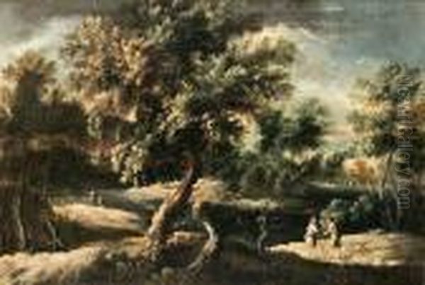 Landskap Med Figurer Och Annalkande Ovader Oil Painting by Salvator Rosa