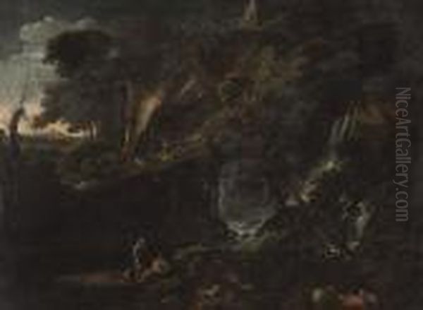 Paesaggio Boschivo Con Cascata, Pastori E Viandanti Oil Painting by Salvator Rosa