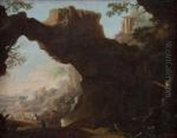 Capriccio Architettonico Con Arco Naturale E Tempio Di Vesta A Tivoli Oil Painting by Salvator Rosa