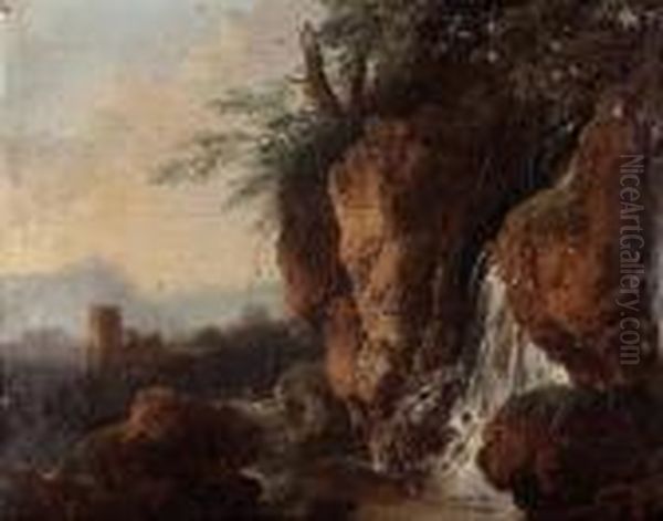 Felsige Landschaft Mit Wasserfall Oil Painting by Salvator Rosa