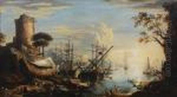 Harbour Scene Oil Painting by Salvator Rosa