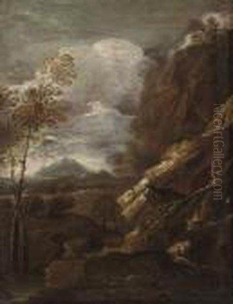 A Hermit Saint In A Rocky Landscape Oil Painting by Salvator Rosa