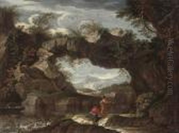 A Rocky River Landscape Oil Painting by Salvator Rosa