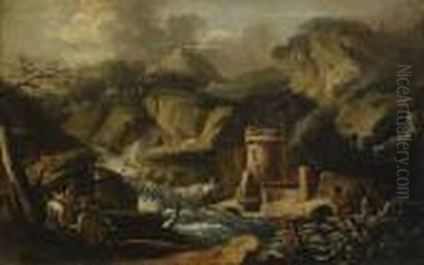 Landskap Med Rastande Sallskap Oil Painting by Salvator Rosa