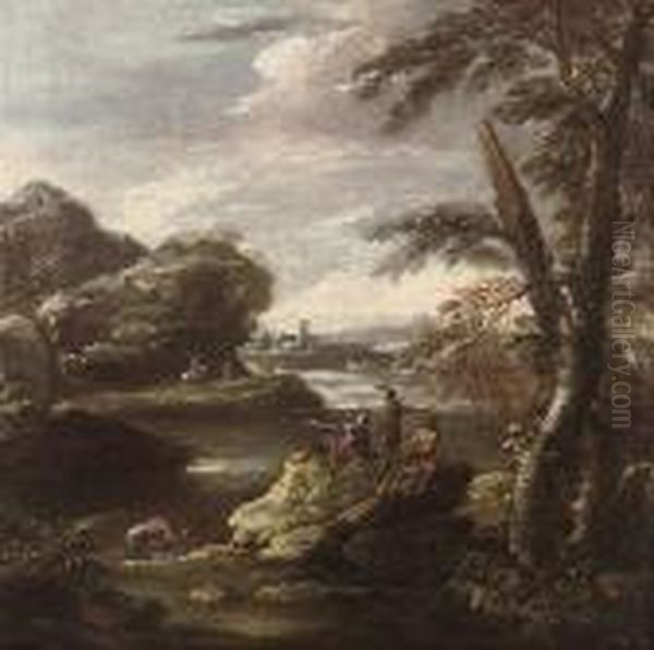 A Wooded River Landscape With Soldiers In The Foreground, A Castle Beyond Oil Painting by Salvator Rosa