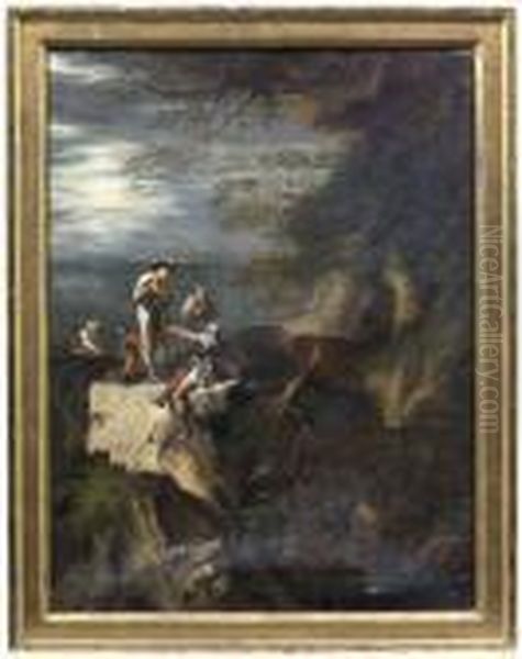 Soldaten In Felsiger Landschaft Oil Painting by Salvator Rosa