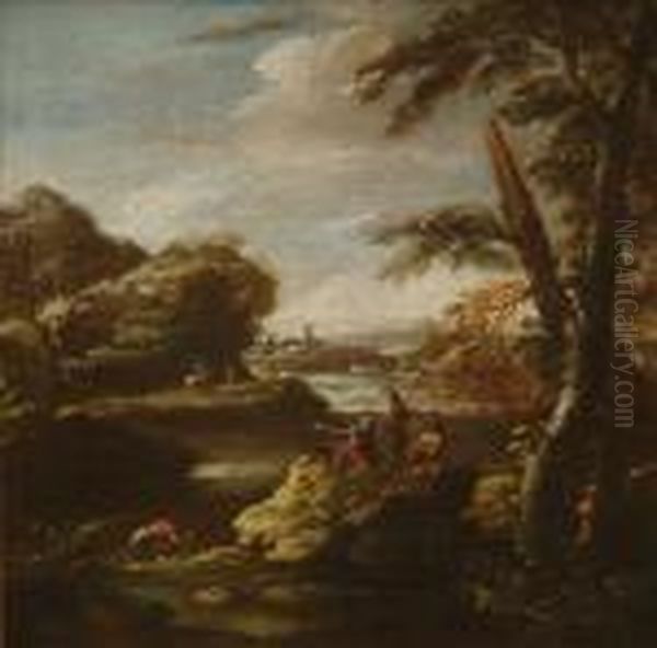 A Wooded Riverlandscape With Soldiers In The Foreground, A Castle Beyond Oil Painting by Salvator Rosa