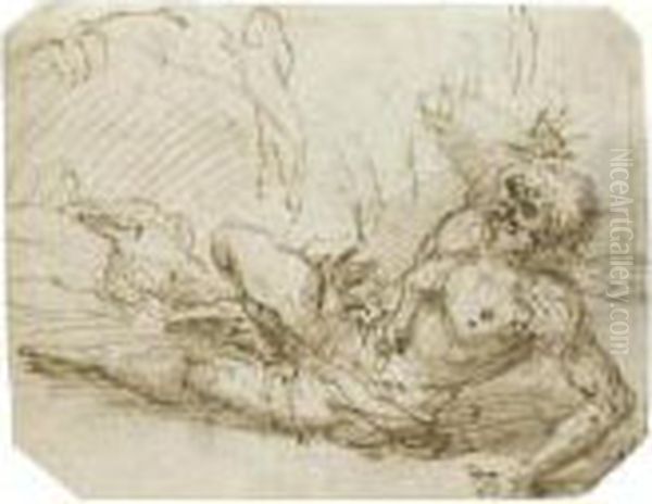 A Bearded Man Sprawled On The Ground With His Right Armraised Oil Painting by Salvator Rosa