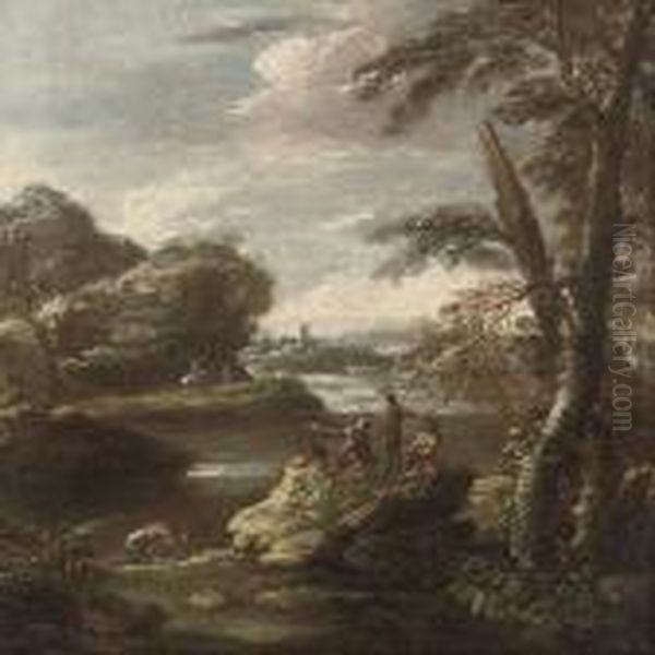 A Wooded River Landscape With Soldiers In The Foreground, A Castlebeyond Oil Painting by Salvator Rosa