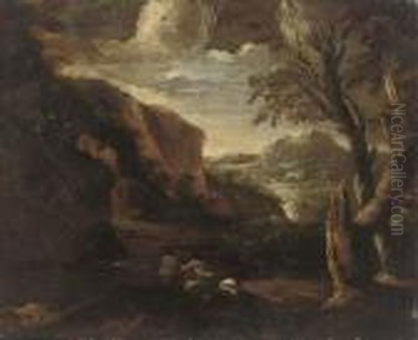 A Rocky Wooded River Landscape With Figures And A Dog On A Bank,mountains Beyond Oil Painting by Salvator Rosa