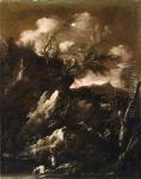 Paesaggio Boschivo Con Lavandaie Inriva A Un Fiume Oil Painting by Salvator Rosa