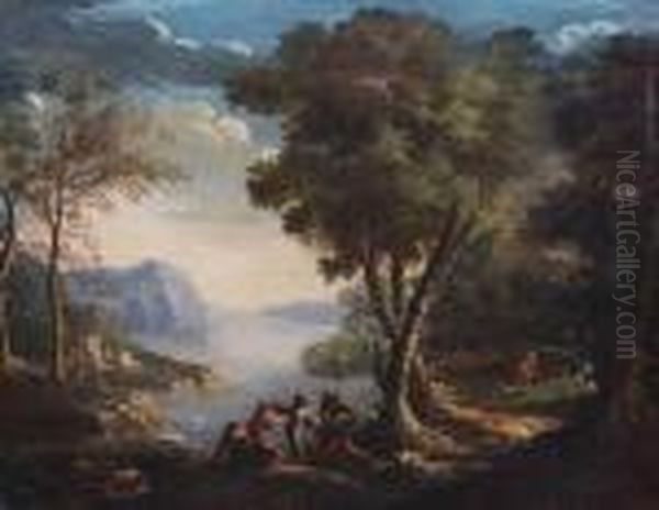 Soldiers Overlooking A River Oil Painting by Salvator Rosa