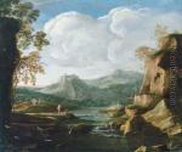 Gebirgige Flusslandschaft Mit Fischern; Paesaggio Roccioso Conpescatori Oil Painting by Salvator Rosa