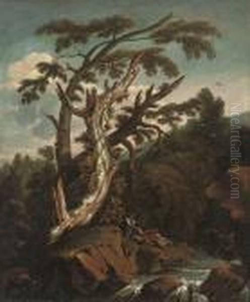 A Wooded River Landscape With Figures On A Bank Oil Painting by Salvator Rosa