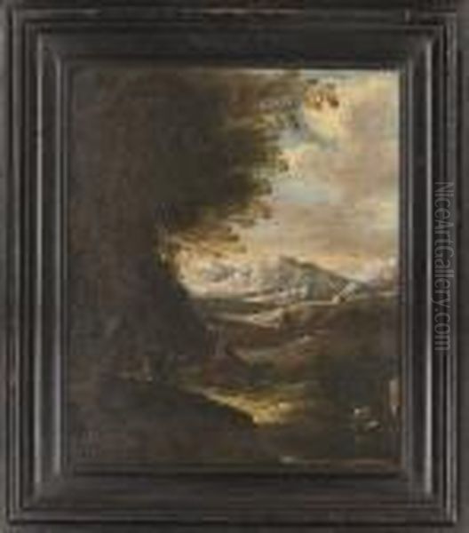 A Shepherd And His Goats In An Extensive Wooded Landscape Withmountains Beyond Oil Painting by Salvator Rosa