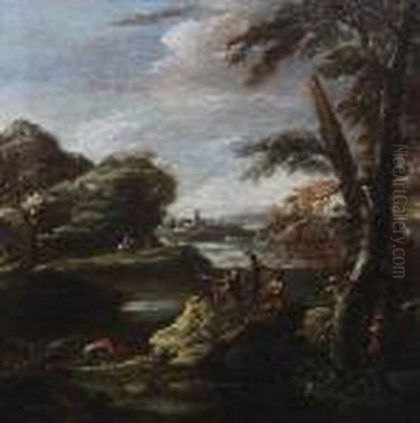 Soldiers Resting By A River Oil Painting by Salvator Rosa