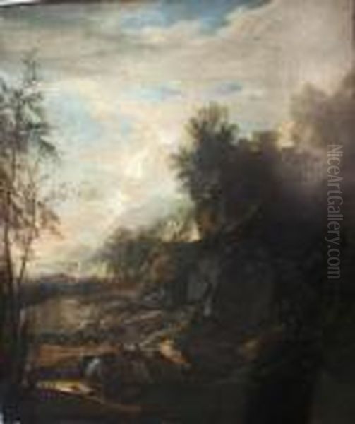 Italianate Landscape With Figures Fishing By A Rocky River Oil Painting by Salvator Rosa