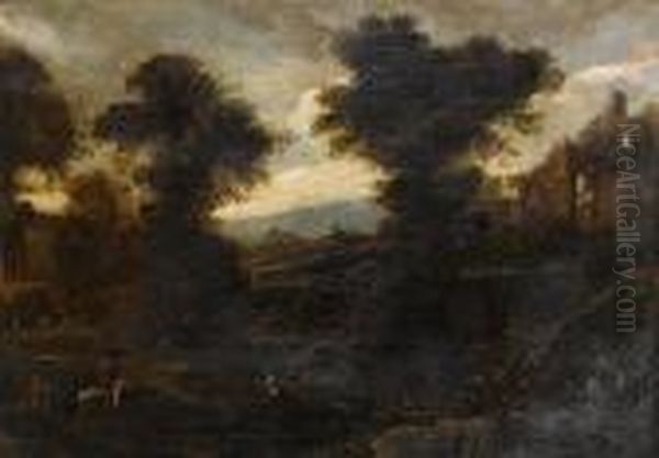 Landscape With Figures By A River And Ruinsbeyond Oil Painting by Salvator Rosa