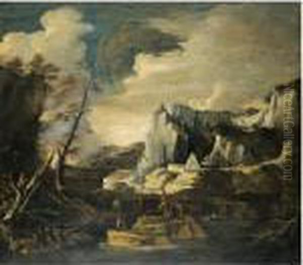 An Extensive River Landscape 
With Figures Fishing And Playing With A Dog In The Foreground Oil Painting by Salvator Rosa