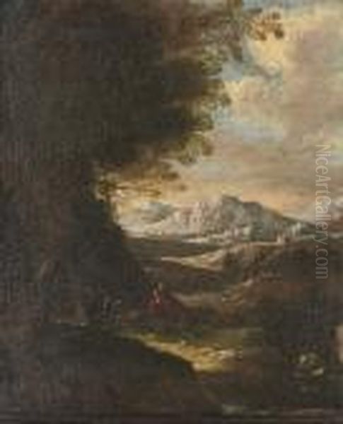 A Shepherd And His Goats In An Extensive Wooded Landscape With Mountains Beyond Oil Painting by Salvator Rosa