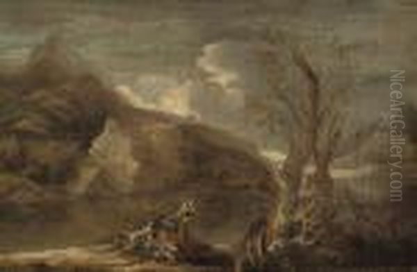 A Mountainous River Landscape 
With Figures Conversing On A Rock; And A Mountainous River Landscape 
With Figures Conversing With A Soldier On A Bank Oil Painting by Salvator Rosa