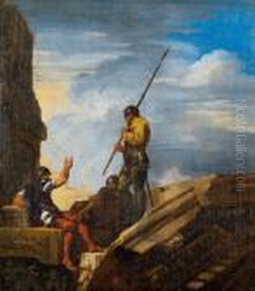 Soldati Al Riposo In Un Capriccio Architettonico Con Rovine Oil Painting by Salvator Rosa