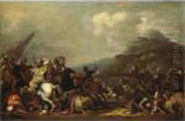 Scena Di Battaglia Con Un Ponte Sul Fondo Oil Painting by Salvator Rosa