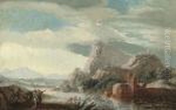 An Extensive River Landscape With Anglers And Soldiers Conversing On The Bank Oil Painting by Salvator Rosa