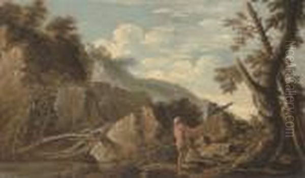 A Wooded River Landscape With Figures In The Foreground And A Castle Beyond Oil Painting by Salvator Rosa