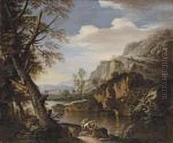 A Mountainous Wooded Landscape With Soldiers On A River Bank Oil Painting by Salvator Rosa