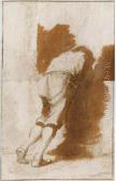 Study Of A Young Man Leaning On A Wall Oil Painting by Salvator Rosa