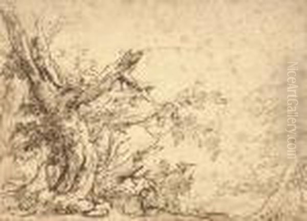 A Wooded Landscape With Travellers On A Path Oil Painting by Salvator Rosa