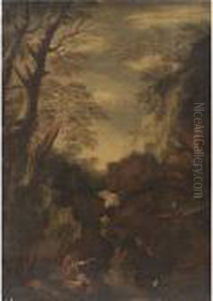 Paesaggio Roccioso Con Cascata E Figure Oil Painting by Salvator Rosa