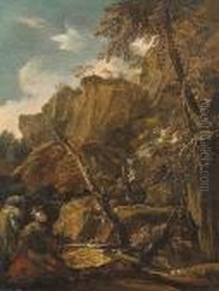 A Rocky River Landscape With A Soldier And His Horse In The Foreground Oil Painting by Salvator Rosa