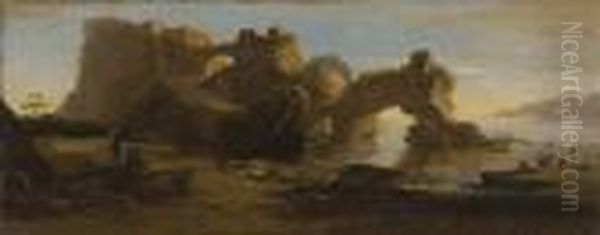 Paesaggio Costiero Con Viandanti E Pescatori Oil Painting by Salvator Rosa