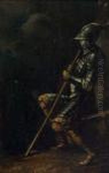 A Soldier In Armor, Holding A Staff And Seated On A Rock In Agrotto Oil Painting by Salvator Rosa